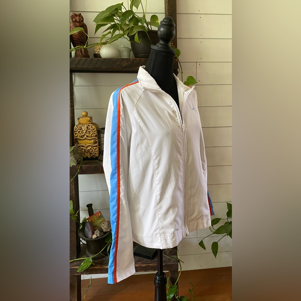 Nike: White Lightweight Bomber Jacket with Retro Blue and Orange Stripe Design - Picture 5 of 17